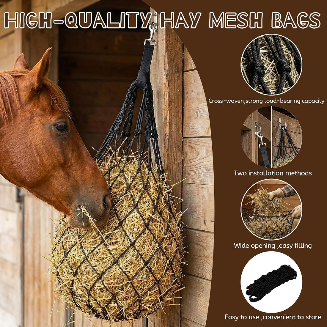 3 Pcs 47" Hay Nets for Horses with Straps & Hooks