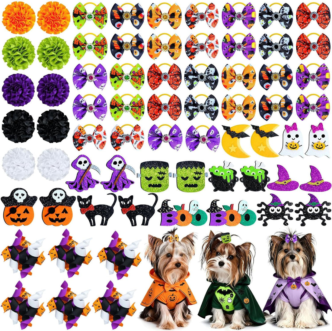 SUMMORO 68Pcs/34Pairs Halloween Dog Hair Bows with Rubber Bands