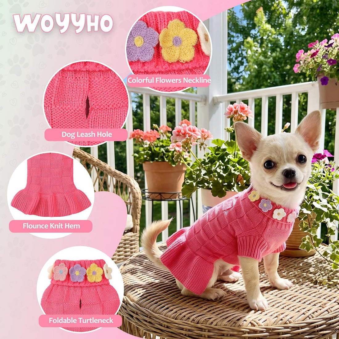 WOYYHO Small Dog Sweater Dress Checkerboard Knitted Princess Pet Dress