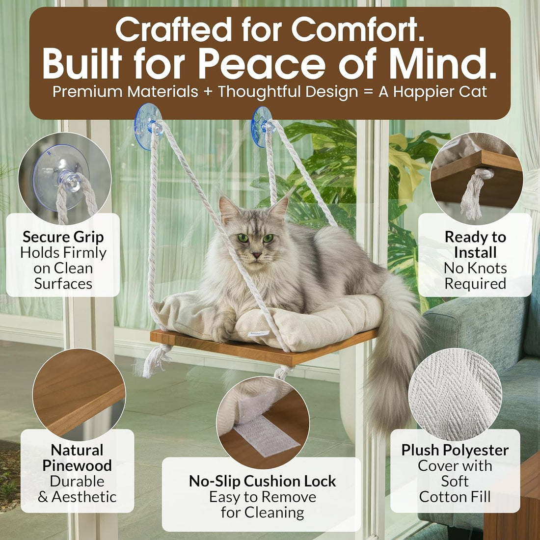 Cat Window Perch, Indoor Hammock Bed with Solid Pine Wood