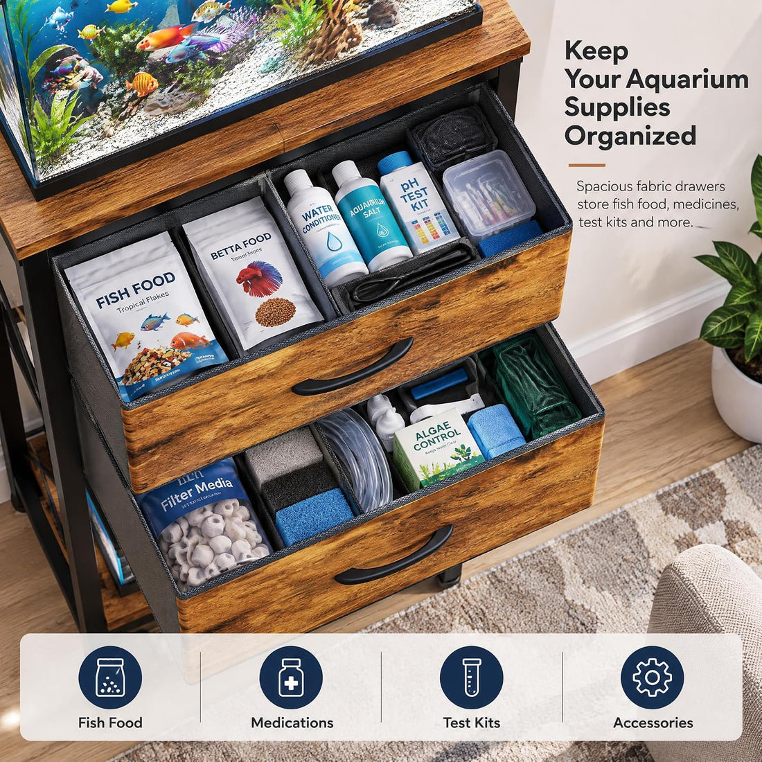 5-10 Gallon Fish Tank Stand with 2 Drawers and Storage Shelves