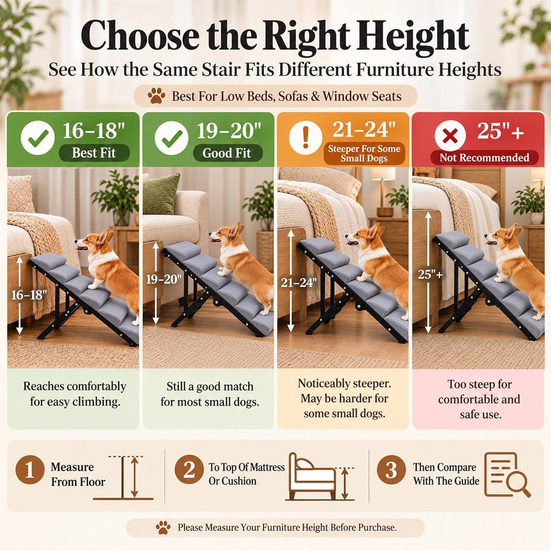 Dog Ramp for Bed, Foldable Dog Ramp, 5 Adjustable Heights, 13"-19"