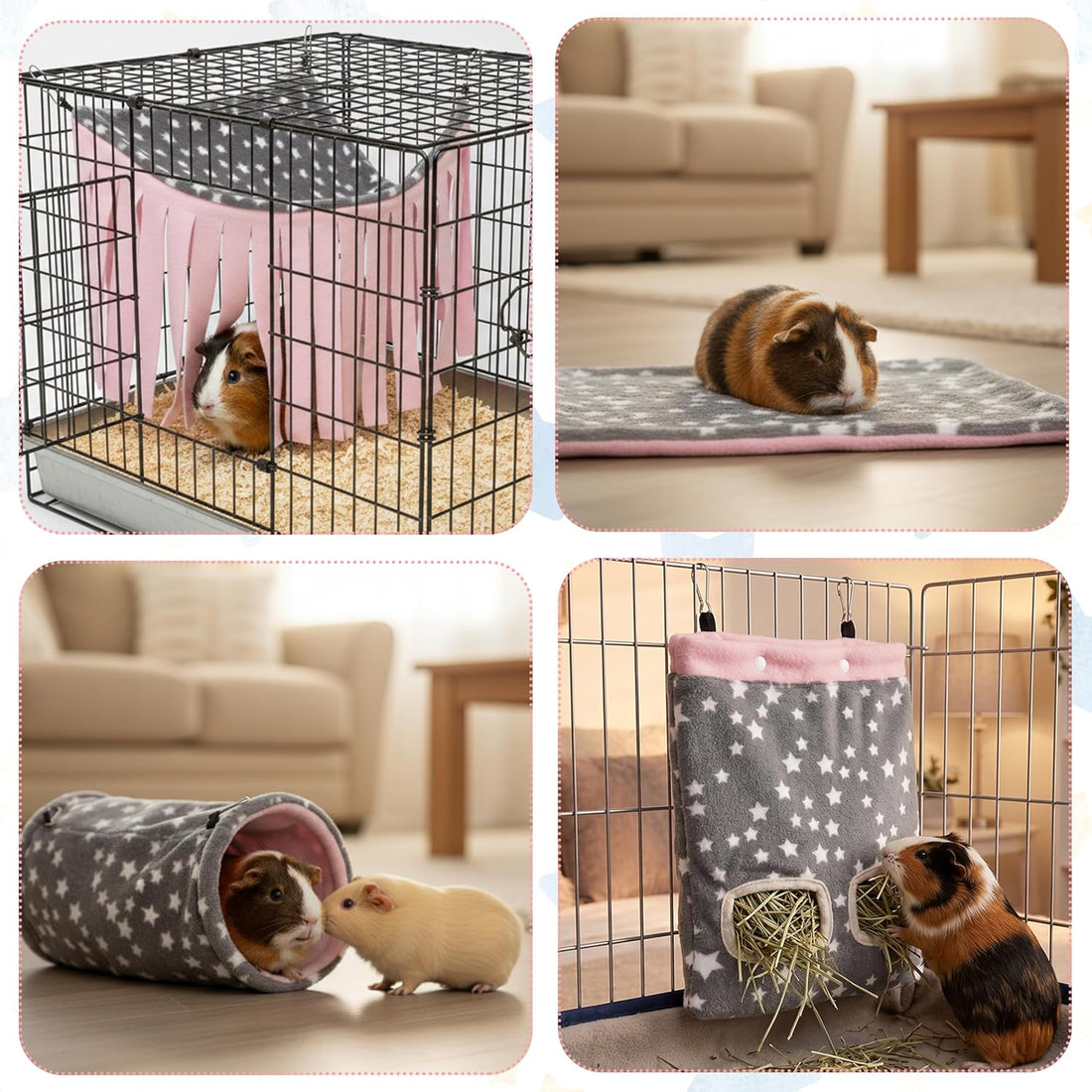 Guinea Pig Hideout, 4 Pack Tunnel & Mat & Corner Hide & Hay Bag
