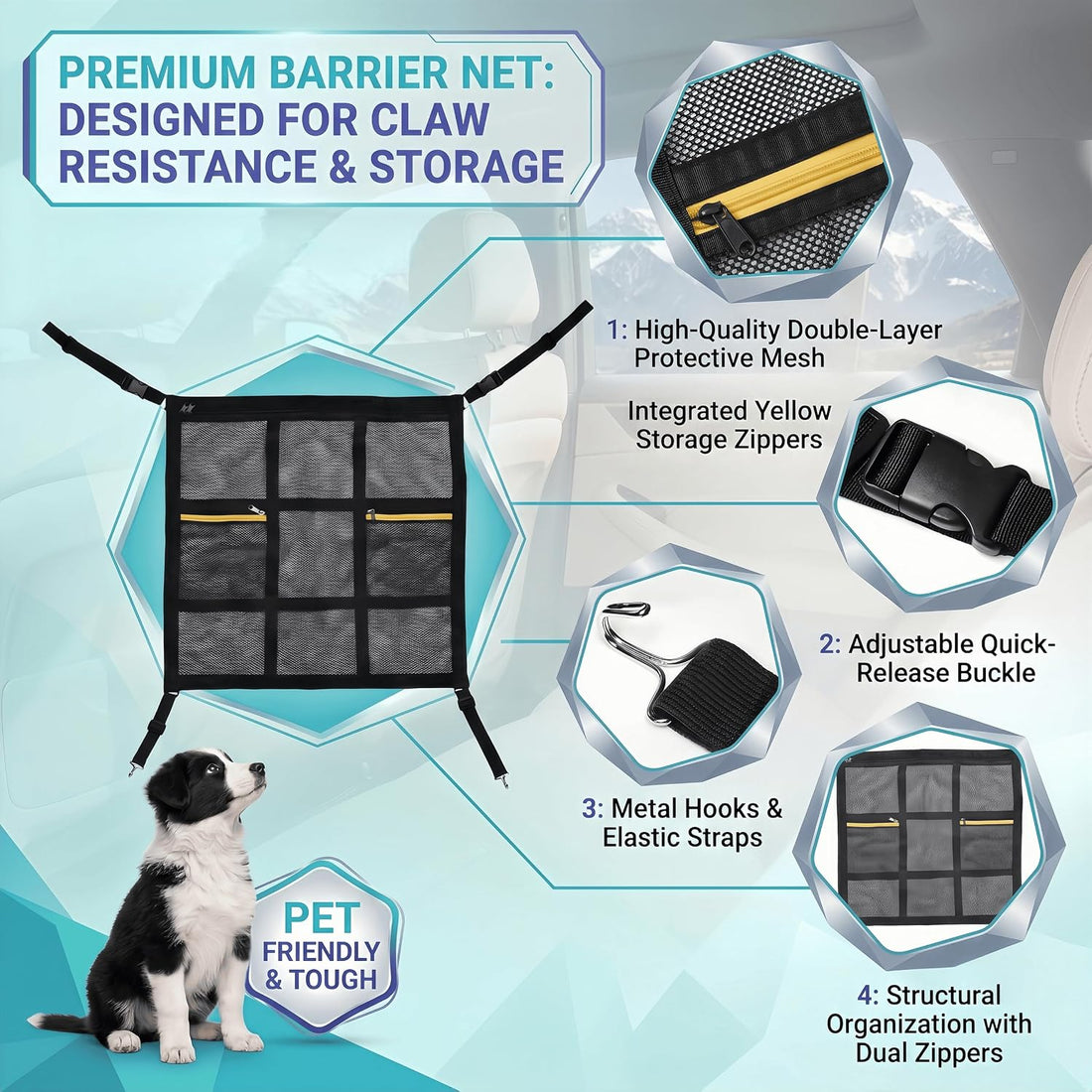 Universal Dog Car Barrier for SUV, Truck & Sedan, Double-Layer Car Net