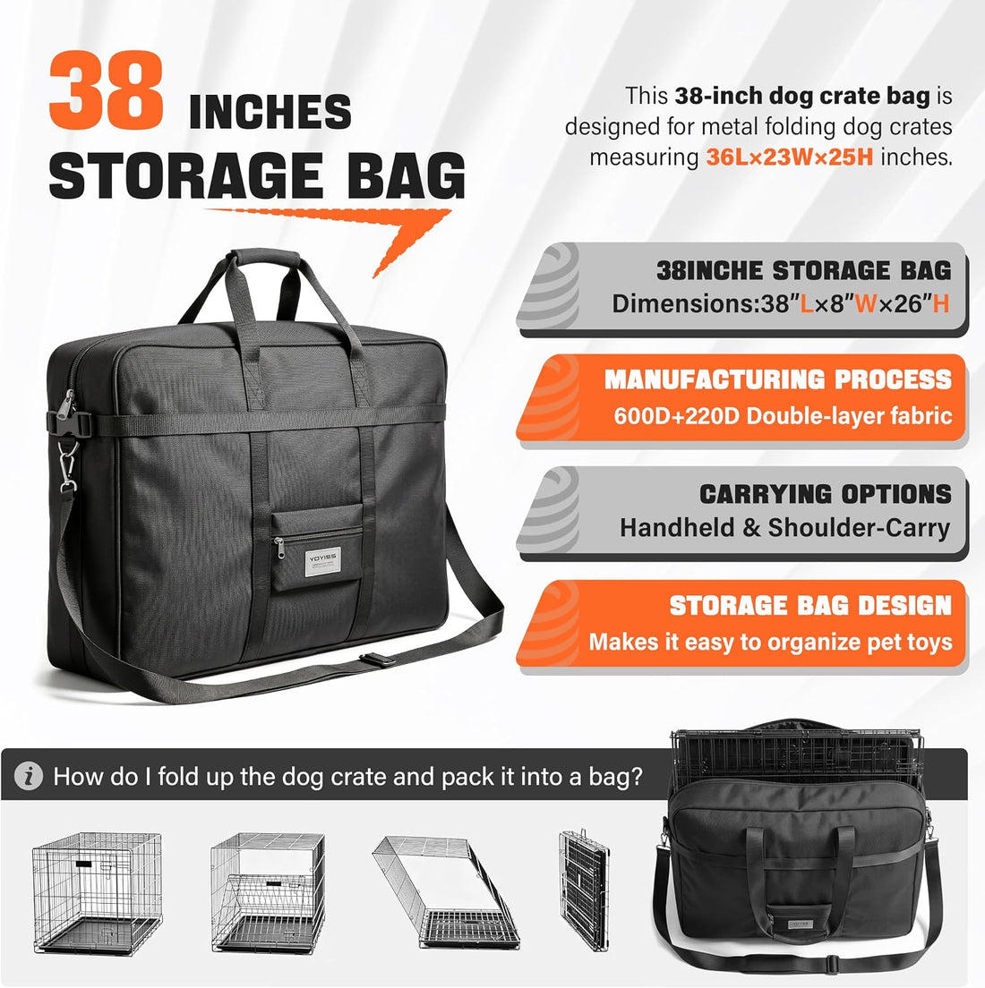 600D Oxford Dog Crate Travel Bag for 36in Medium Foldable Dog Crate