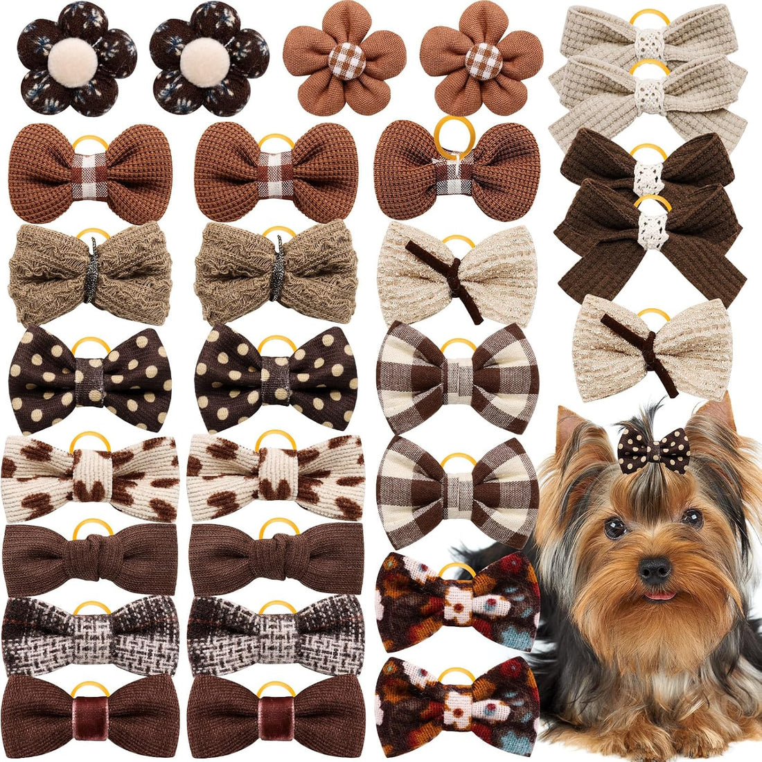 20Pcs Brown Dog Hair Bows with Rubber Bands for Small Medium Dogs