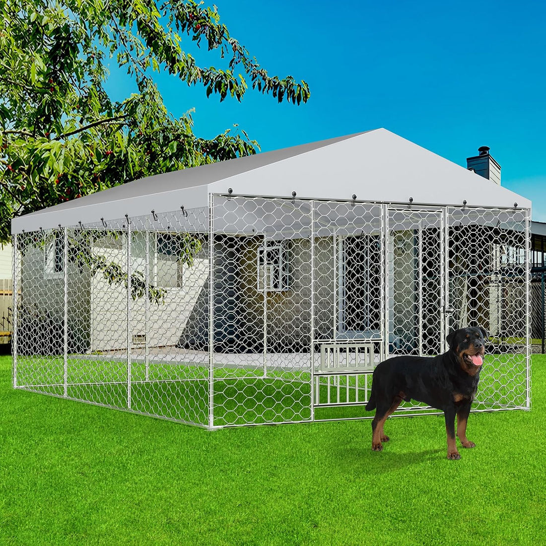 Lyromix Upgraded 20×10×5.6FT Outdoor Dog Kennel with Roof for Backyard