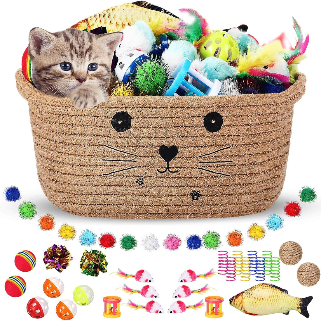 Zopeal 58 Pcs Cat Toy Set with Storage Basket Indoor