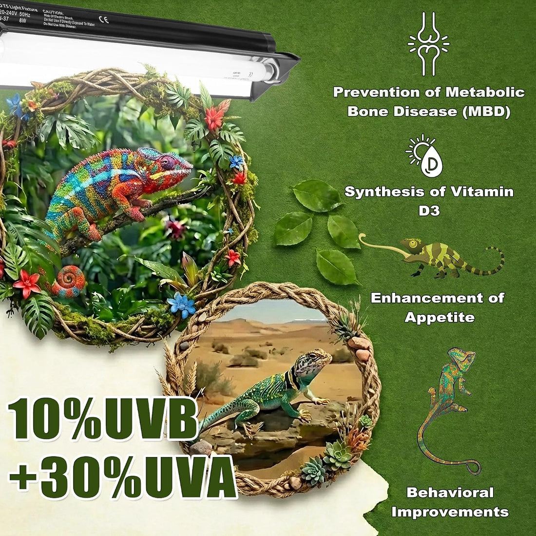 T5 HO UVB Reptile Light Kit, 12.4" Fixture with 8W 5.0 UVB Tube