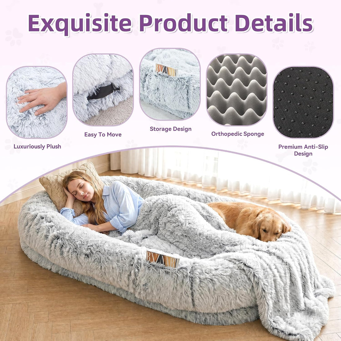 Grey Human Dog Bed - 71''x45''x12'' Size Fits Adult and Pet