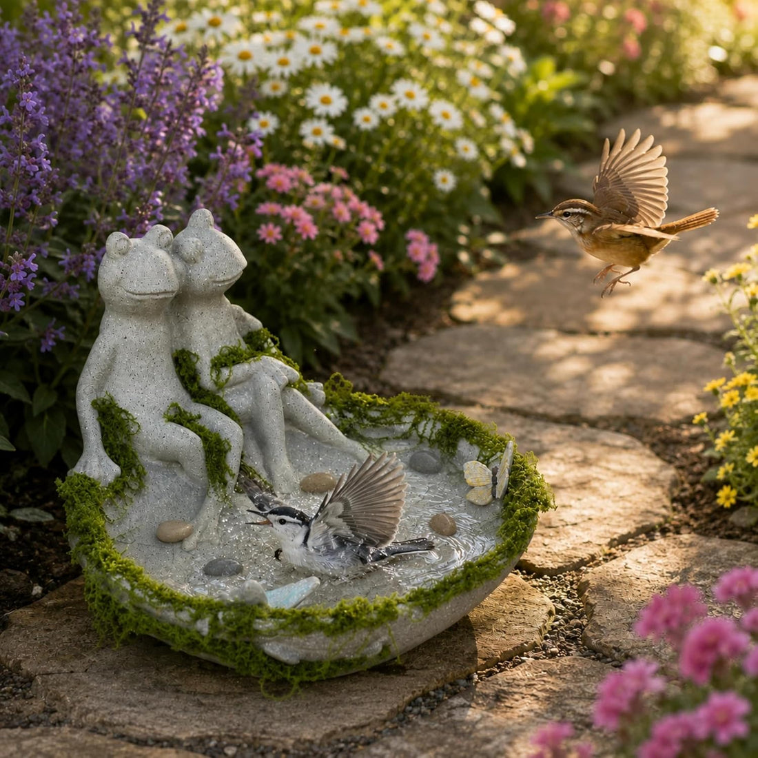 Frog Couple Bird Bath for Outdoors, Small Resin Ground Birdbath Bowl