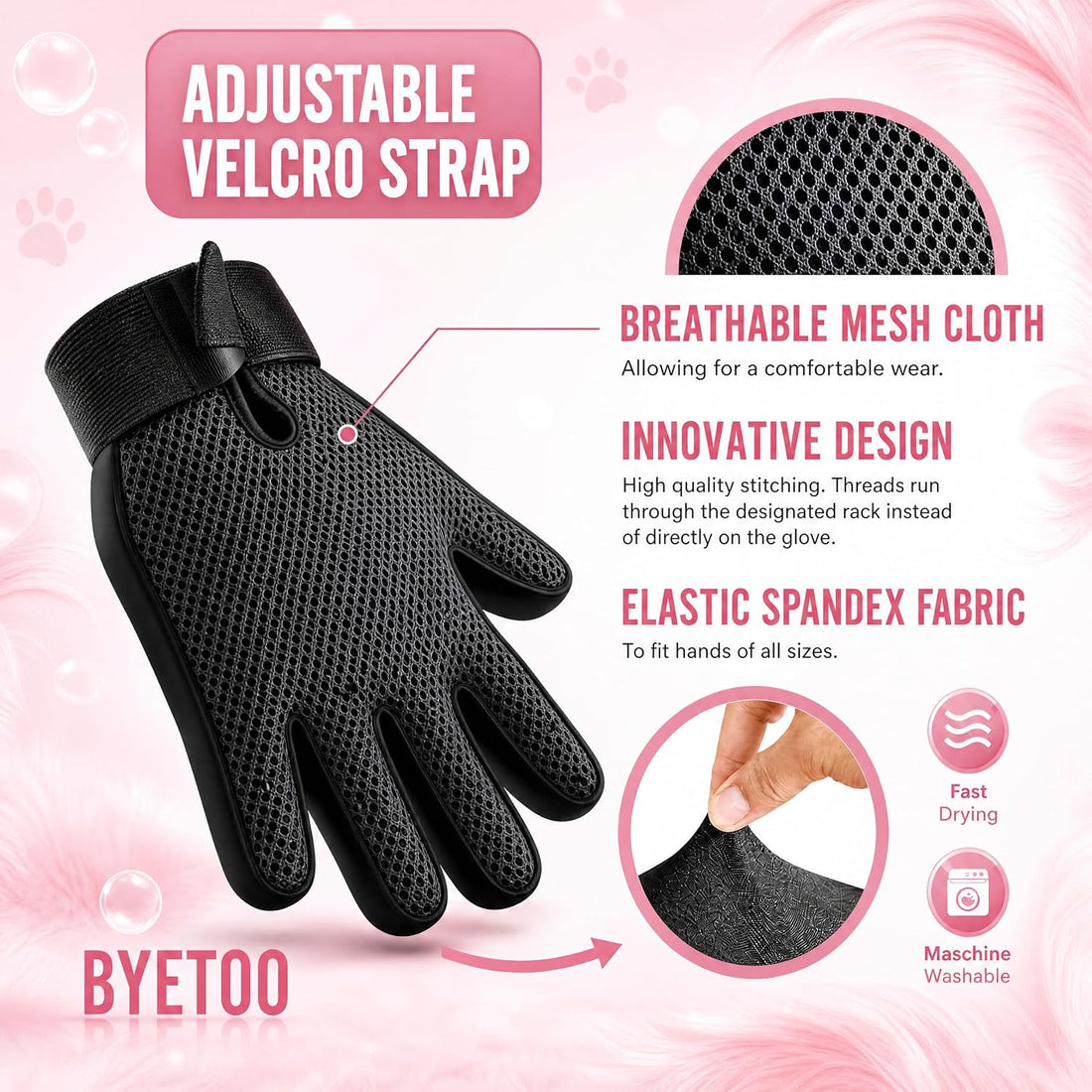 BYETOO Pet Dog Cat Grooming Glove with 261Tips,Gentle Deshedding