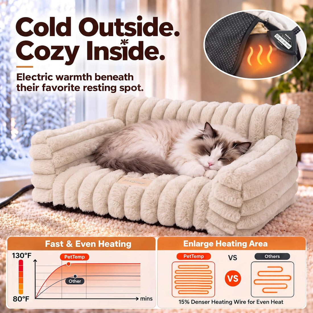 Indoor Heated Cat Sofa, Heated Dog Bed for Small Dogs,Plush Bolster