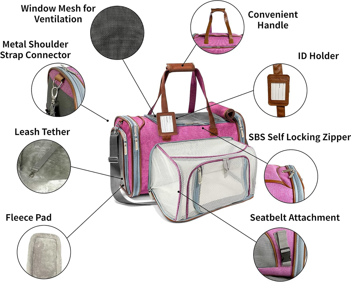 Mr. Peanut's Gold Series Big Apple XL Expandable Airline Capable Soft Sided Pet Carrier, Premium Brand Self Locking Zippers, Plush Faux Fleece Bedding with a Sturdy Plywood Base (Rosa Red)