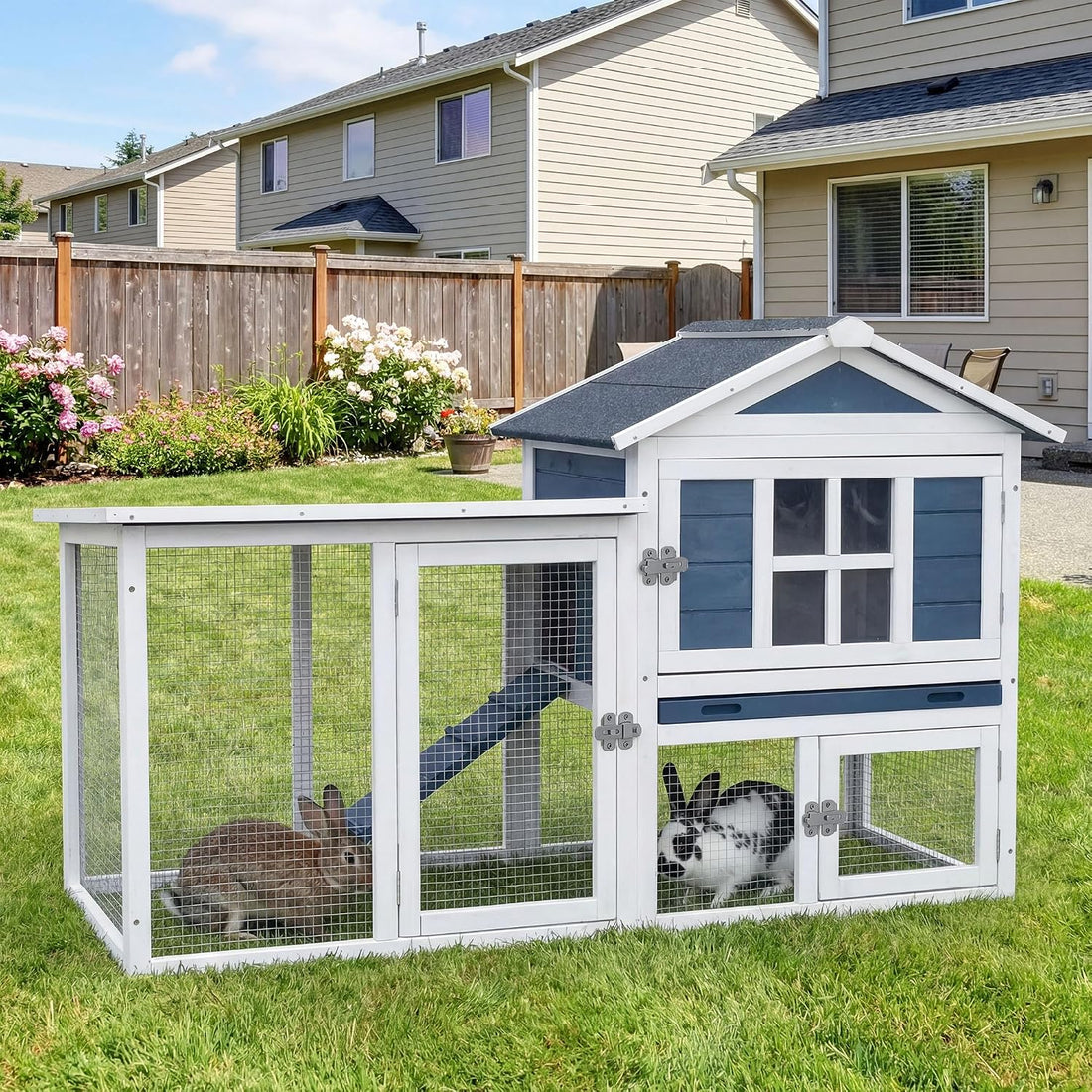 RUNSHED Wooden Rabbit Hutch, Waterproof Roof & Pull‑Out Cleaning Tray