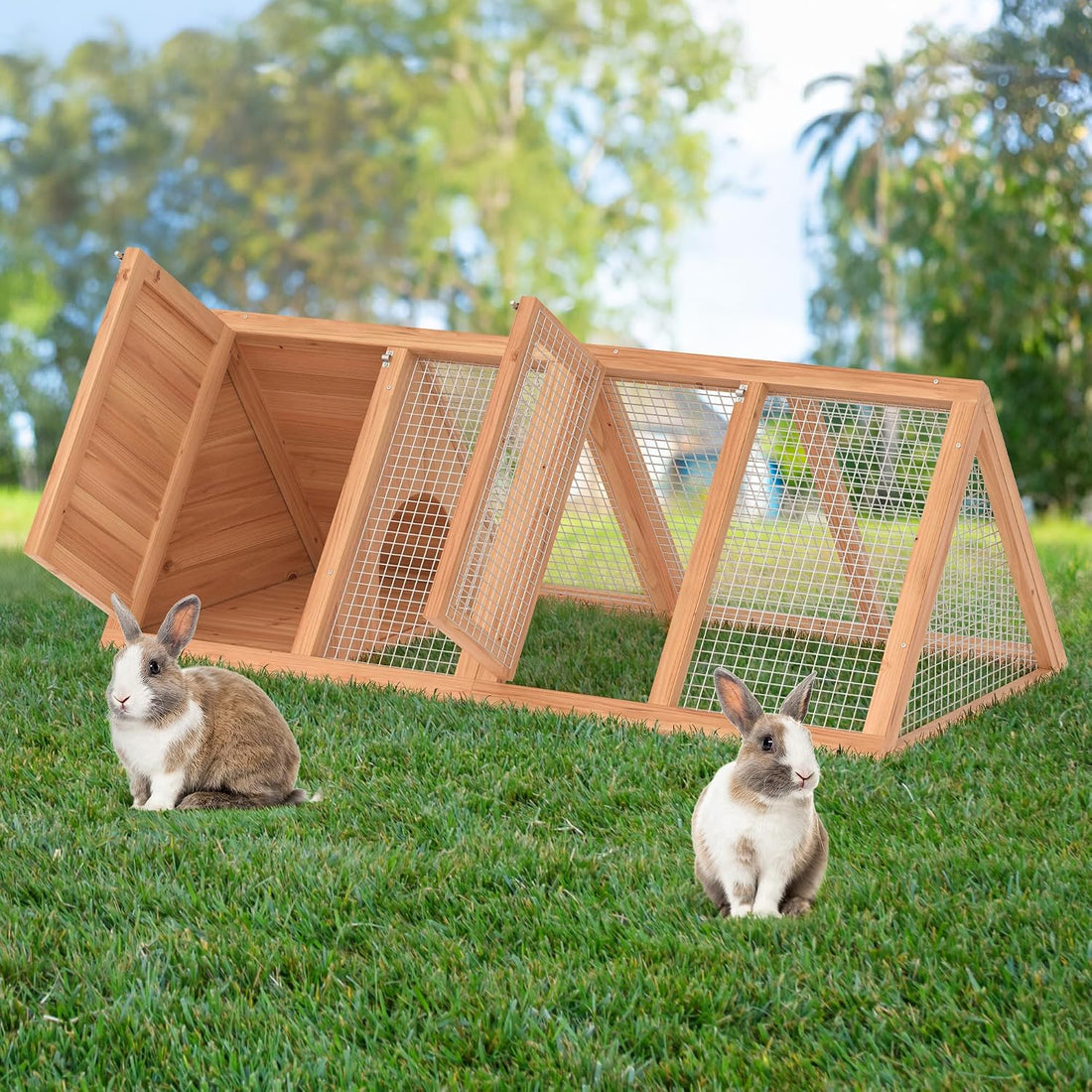 Rabbit Hutch, Small A-Frame Chicken Coop Outdoor w/ 2 Door & Run Cage