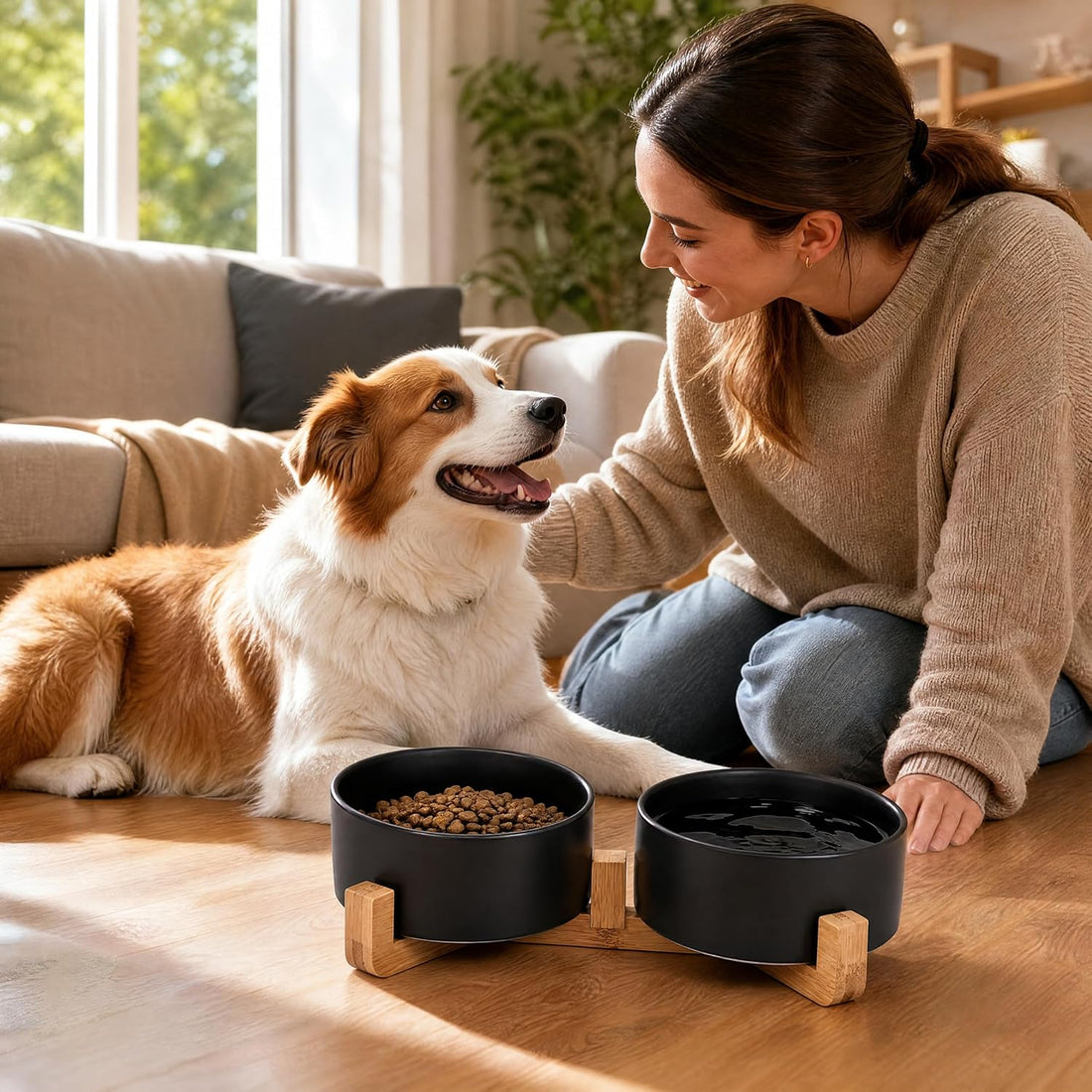 Petygooing Ceramic Dog Cat Bowls Set with Stand,Black Pet Food