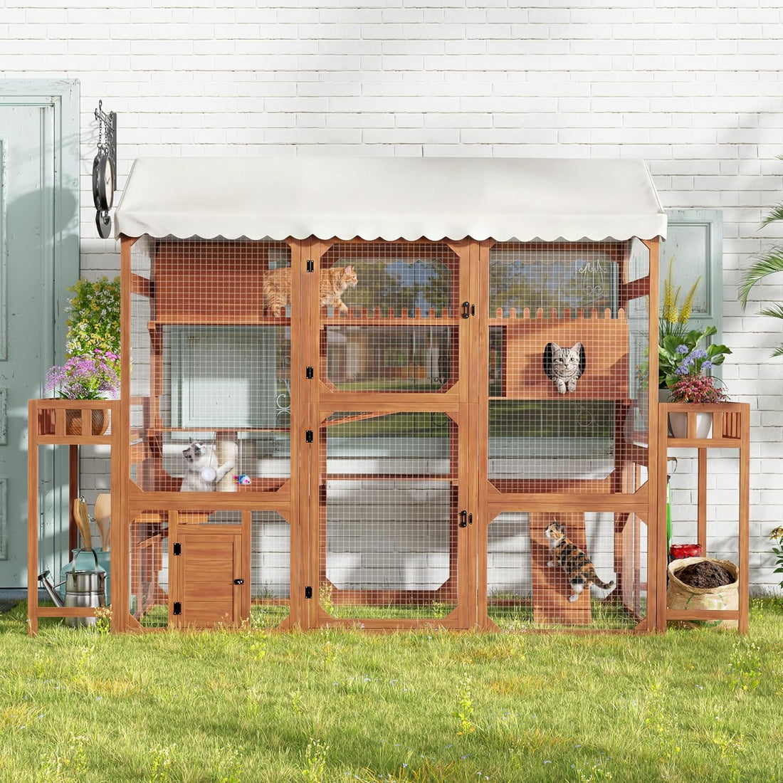 Large Outdoor Cat Enclosure Wooden Catio, Multi-Level Cat Playpen