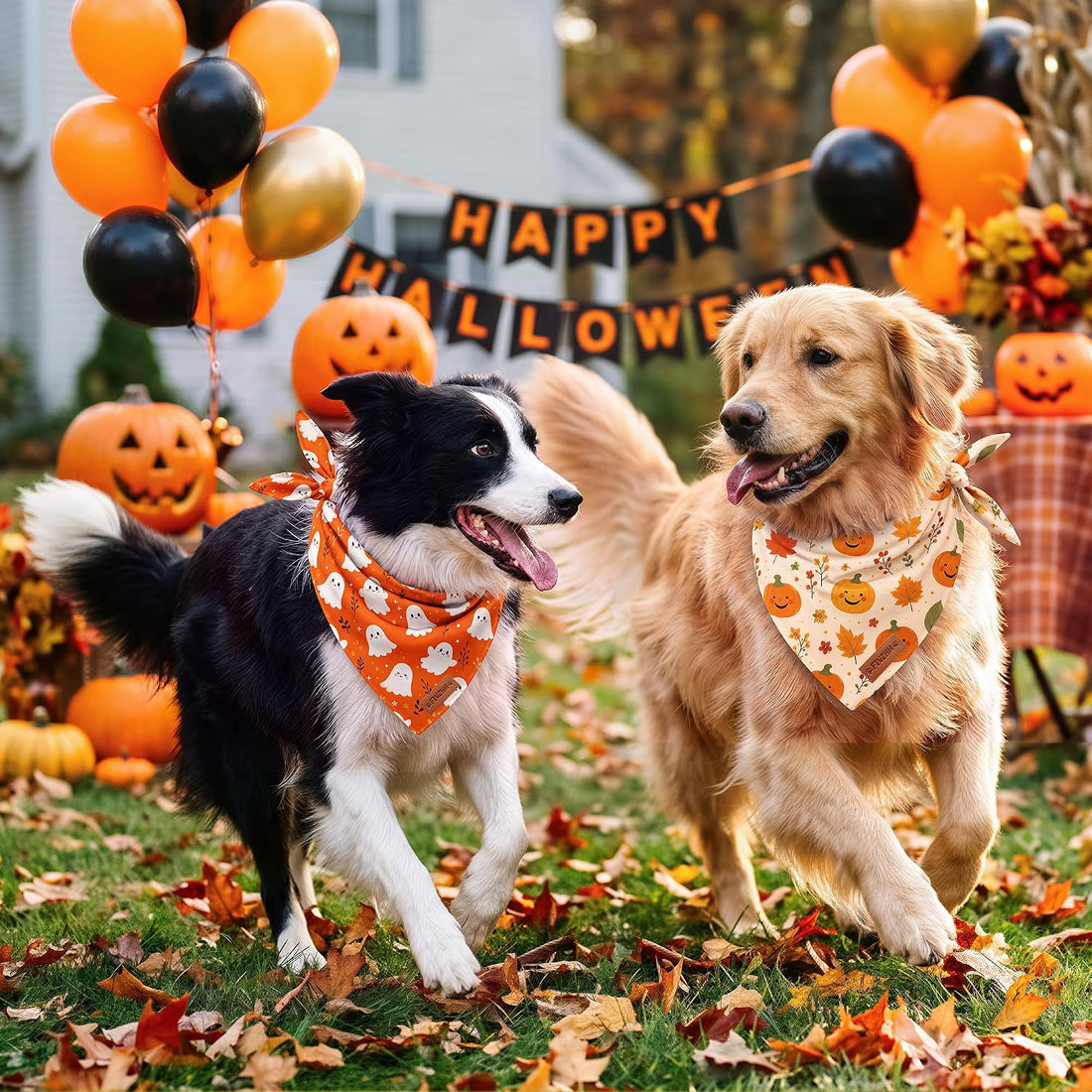 Fall Halloween Dog Bandanas Reversible Pumpkin Leaves Bibs Scarf