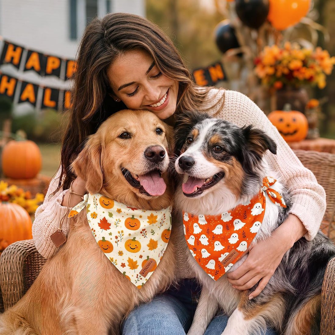 Fall Halloween Dog Bandanas Reversible Pumpkin Leaves Bibs Scarf