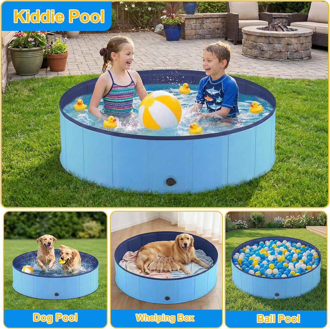 Foldable Dog Pool, Collapsible Dog Swimming Pool 72"x12" Blue