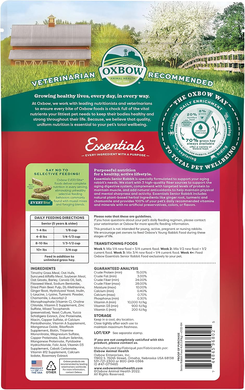 Oxbow Essentials Senior Rabbit Food, High-Fiber Rabbit Pellets, 4 lb