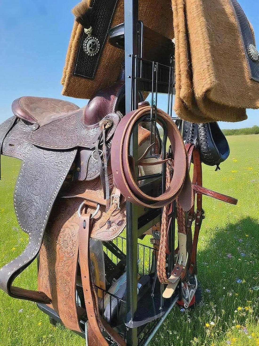 Rolling Horse Saddle Rack Cart Foldable Saddle Pad Rack Stand 3 Tier