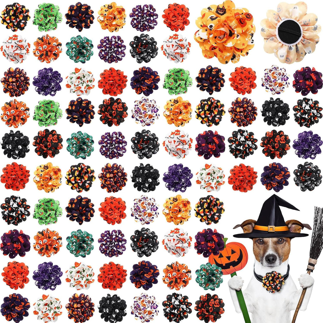 Silkfly 80 Pcs Halloween Dog Collar Flowers Bulk, Pet Bows