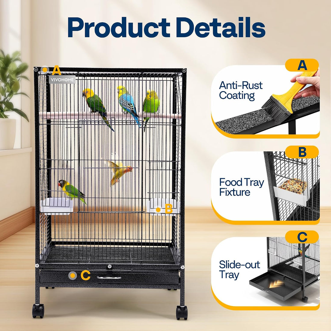 VIVOHOME 30 Inch Height Wrought Iron Bird Cage with Rolling Stand