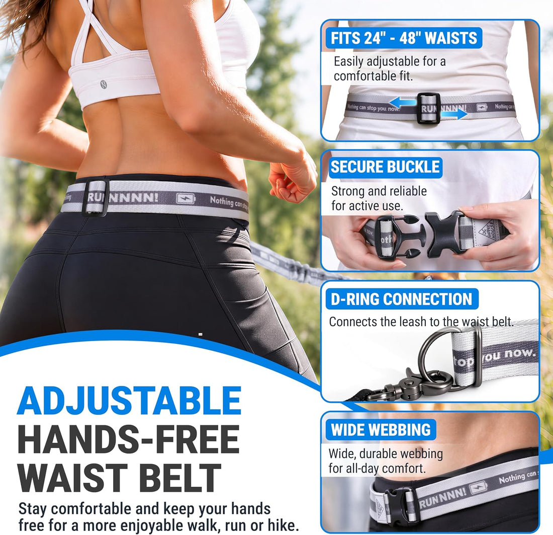 Hands Free Dog Leash,Waist Belt, Shock Absorbing Bungee, Dual Handles