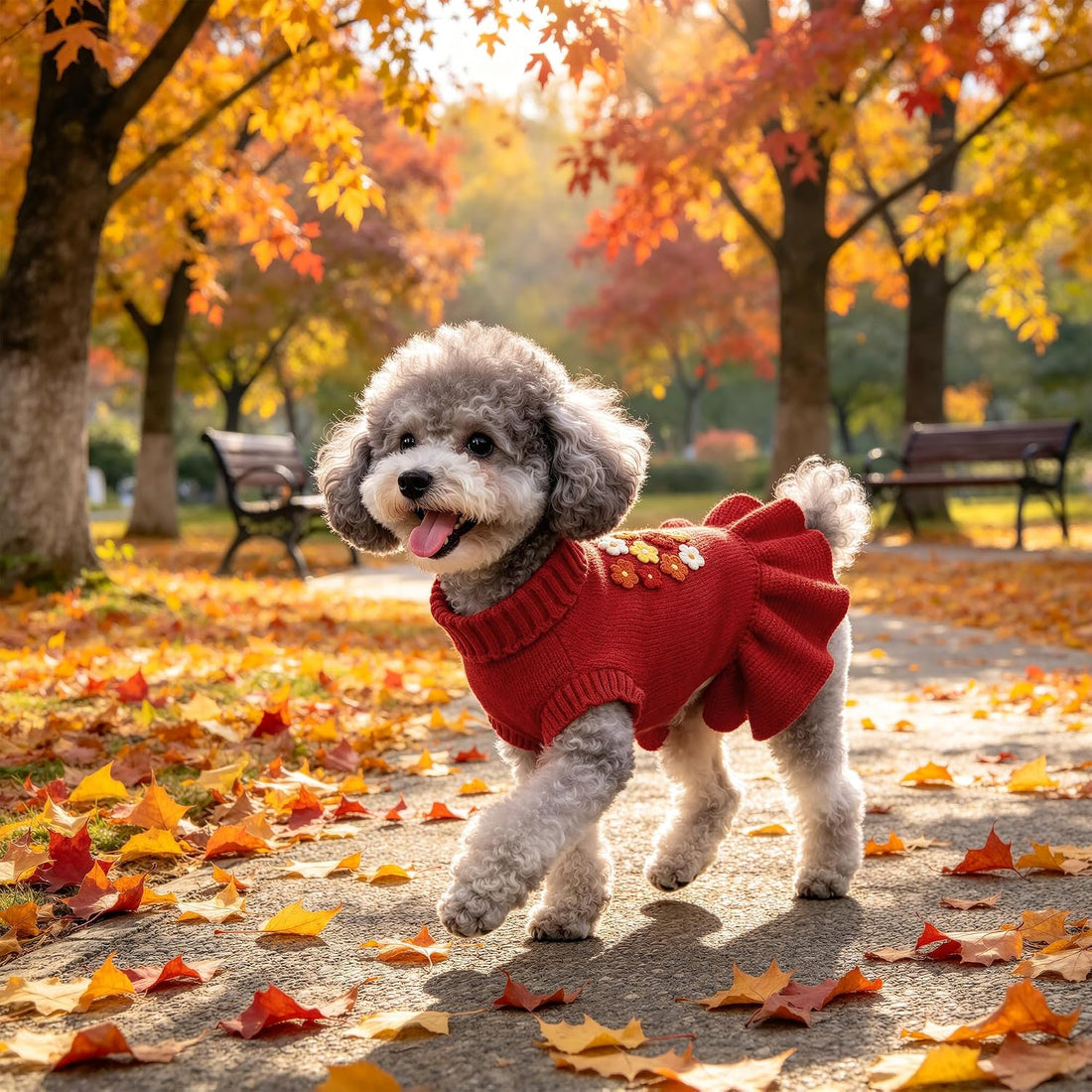 WOYYHO Small Dog Sweater Dress with Crochet Flower