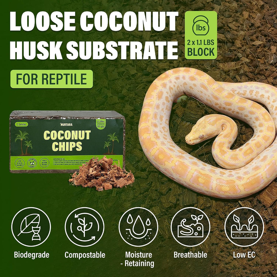 Coconut Chips Substrate, 10 lb Reptile Bedding Expands to 72 qt