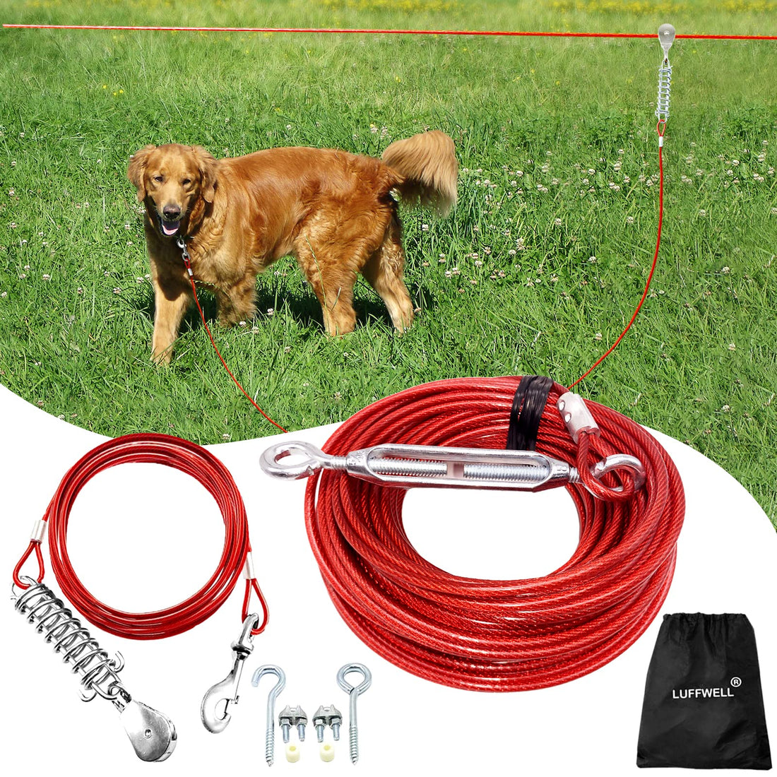 LUFFWELL 100FT Dog Runner for Yard with 15FT Tie Out Cable