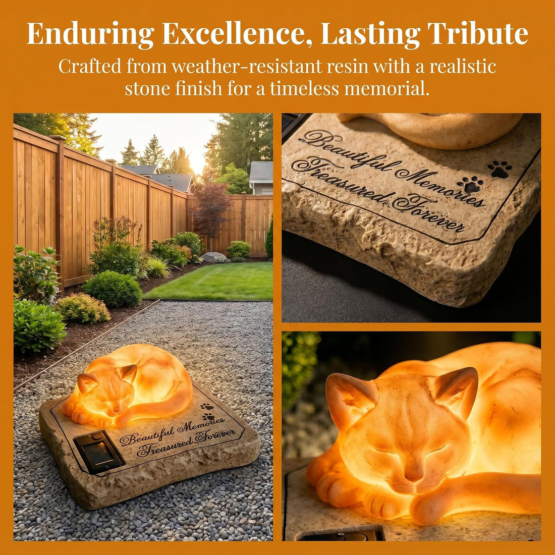 Solar Light Cat Memorial Garden Stones with A Sleeping Kitty Statue