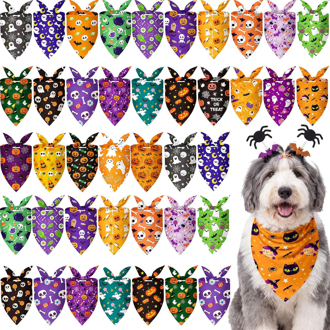 50 Pcs Halloween Dog Bandanas Bulk, Pumpkin Ghost Bat Skull Pattern