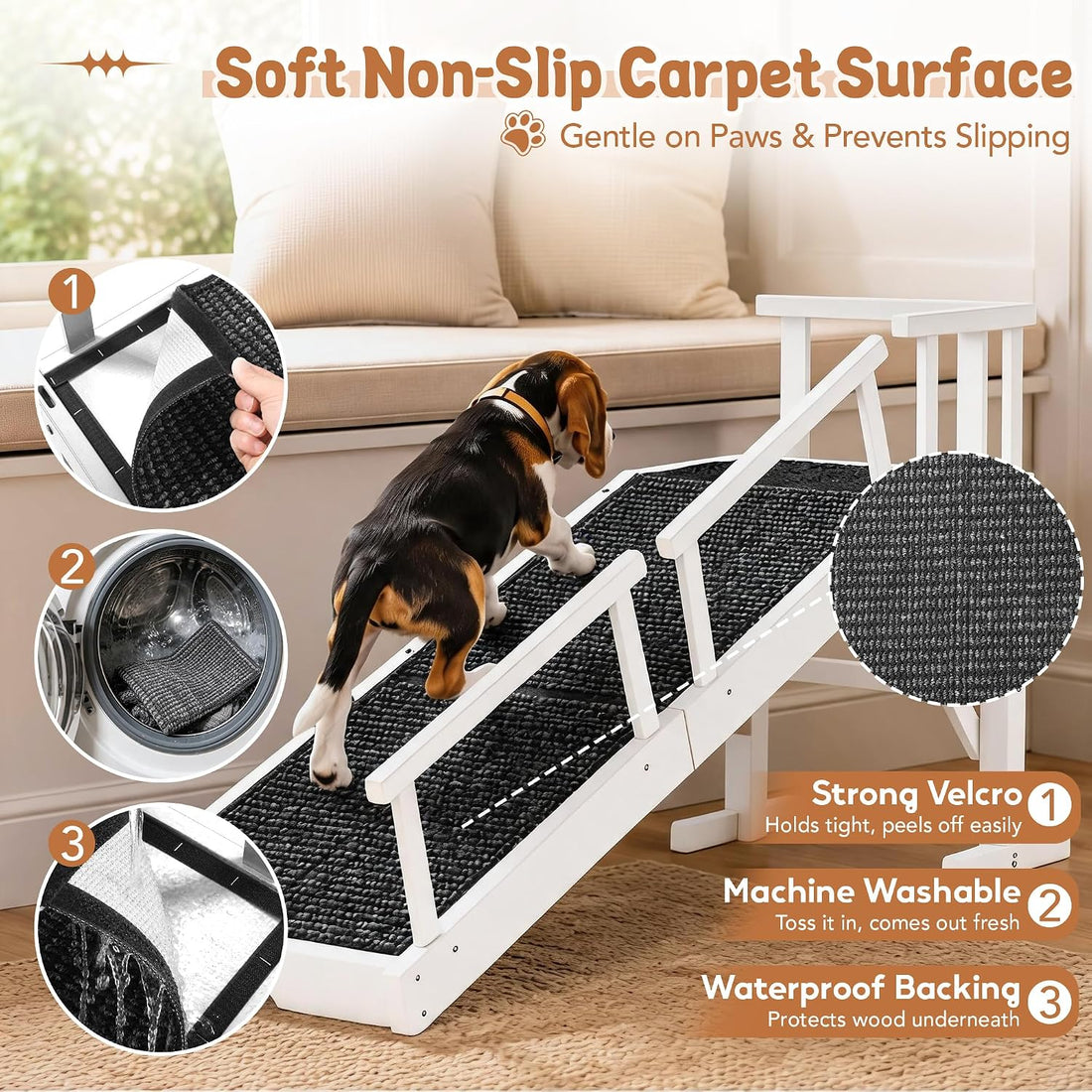 62" Wooden Dog Ramp for Bed & Couch, Pet Ramp with Platform White