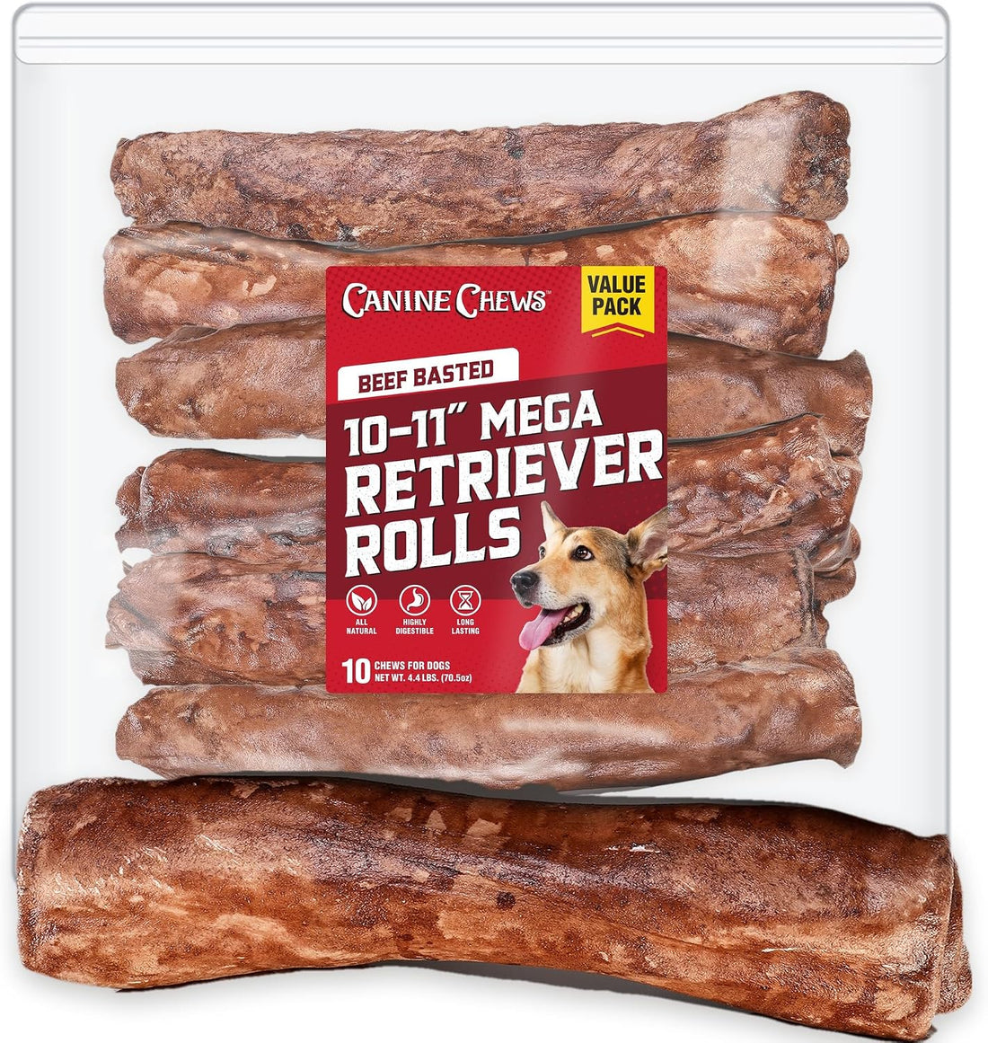Canine Chews 10-11" MEGA Retriever Rolls Natural Rawhide for Big Dogs