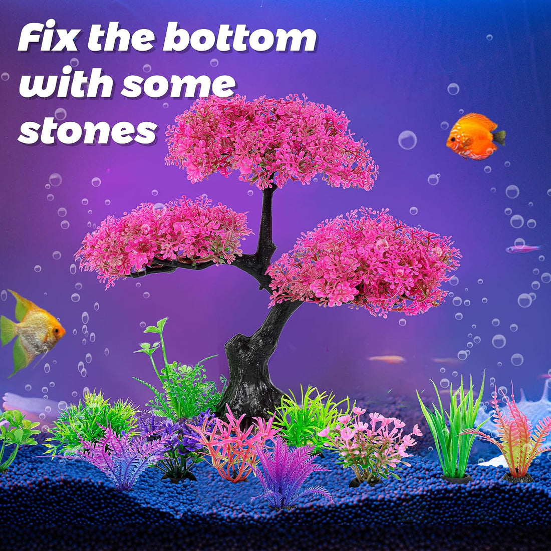 Ameliade Pink Artificial Plastic Tree Aquarium Plants Decor Set, 11PCS