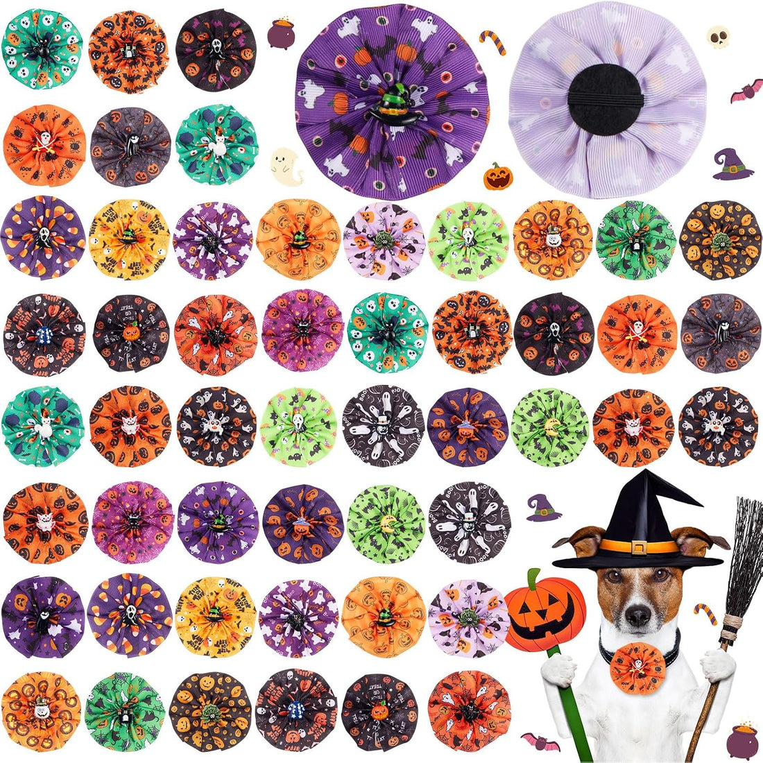 Huhumy 50 Pcs Halloween Dog Collar Bows Flowers Bulk for Small Medium