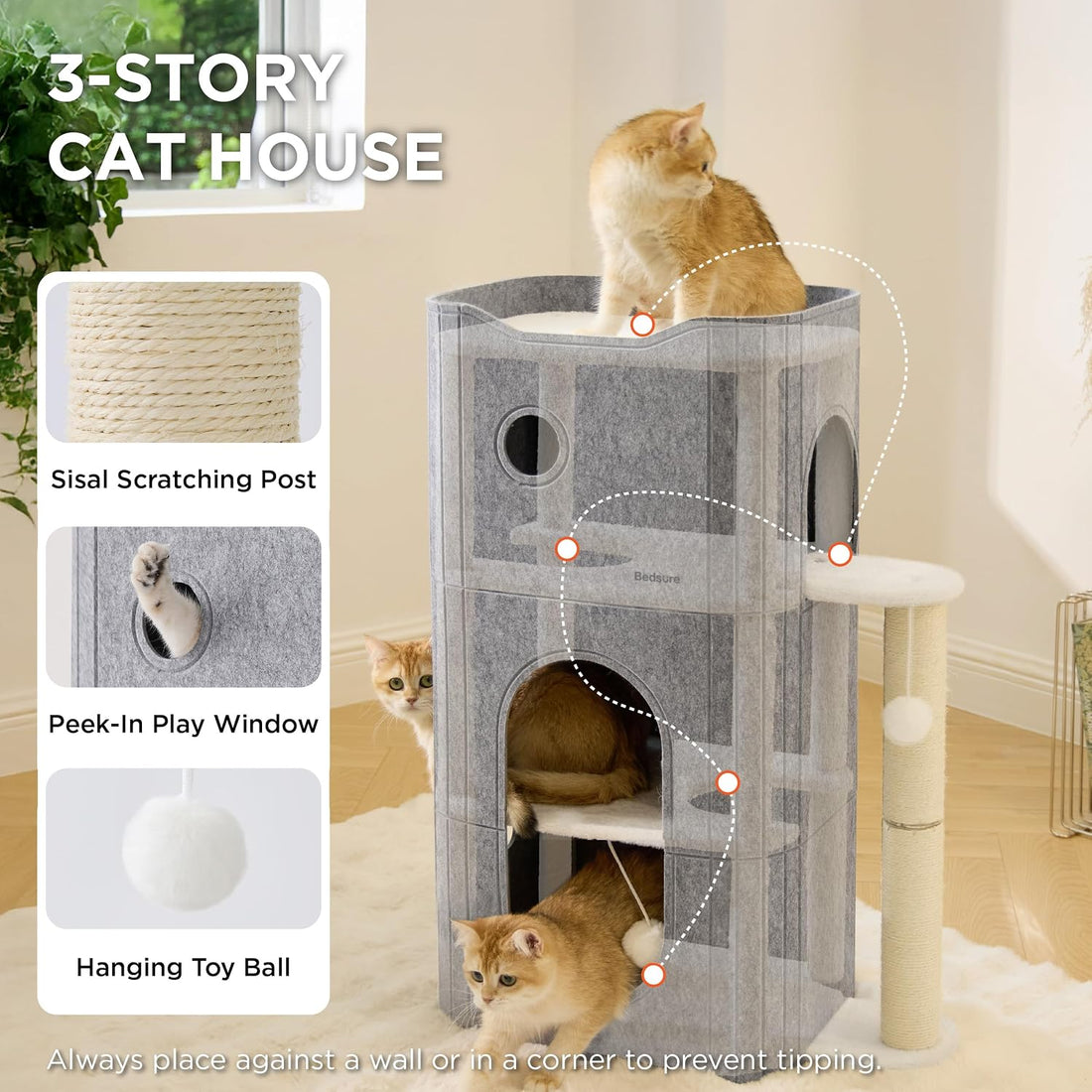 Bedsure 3-Level Cat Tree for Indoor Cats with Scratching Post