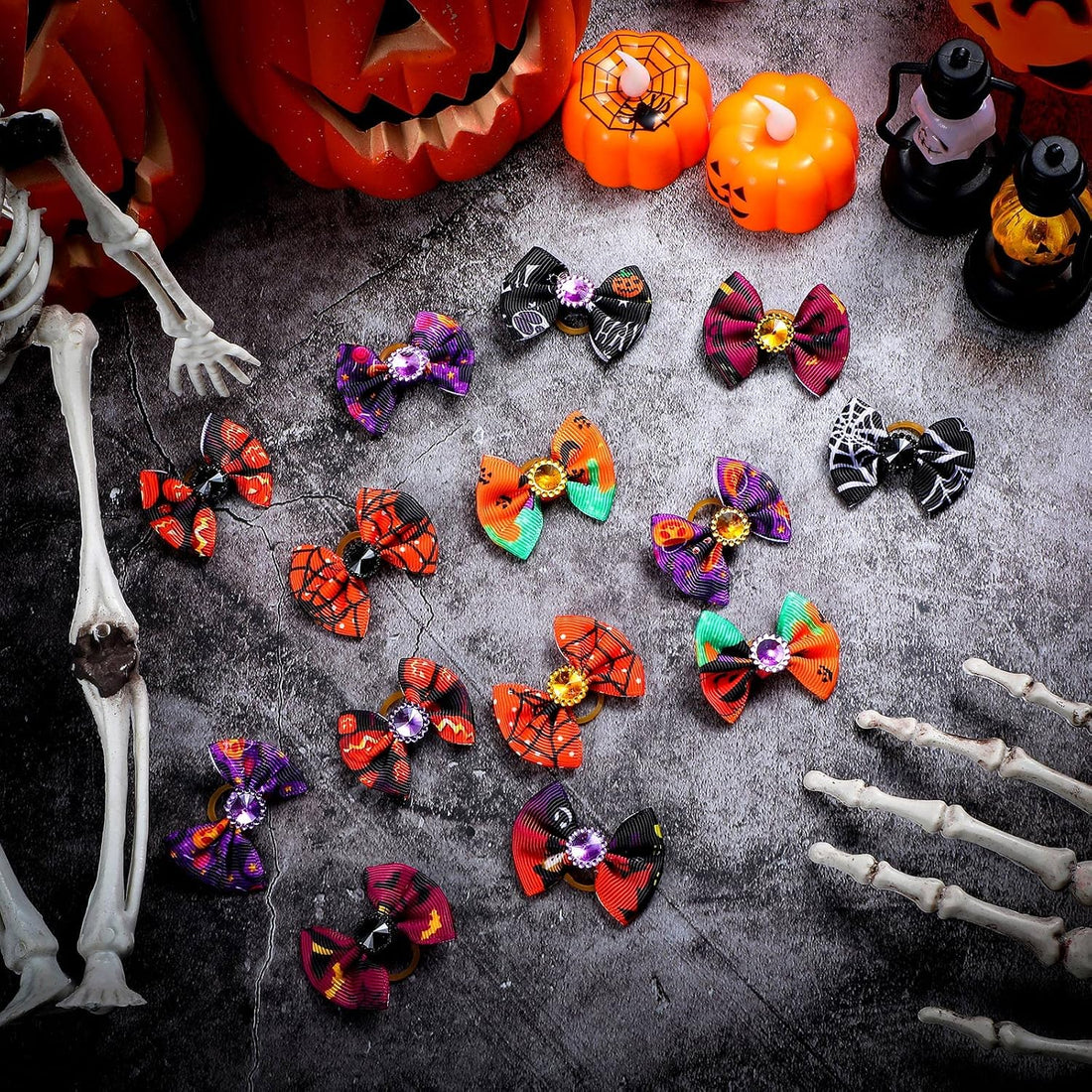 Tondiamo 100 Pack Halloween Dog Hair Bows Ghost Pattern Rubber Bands