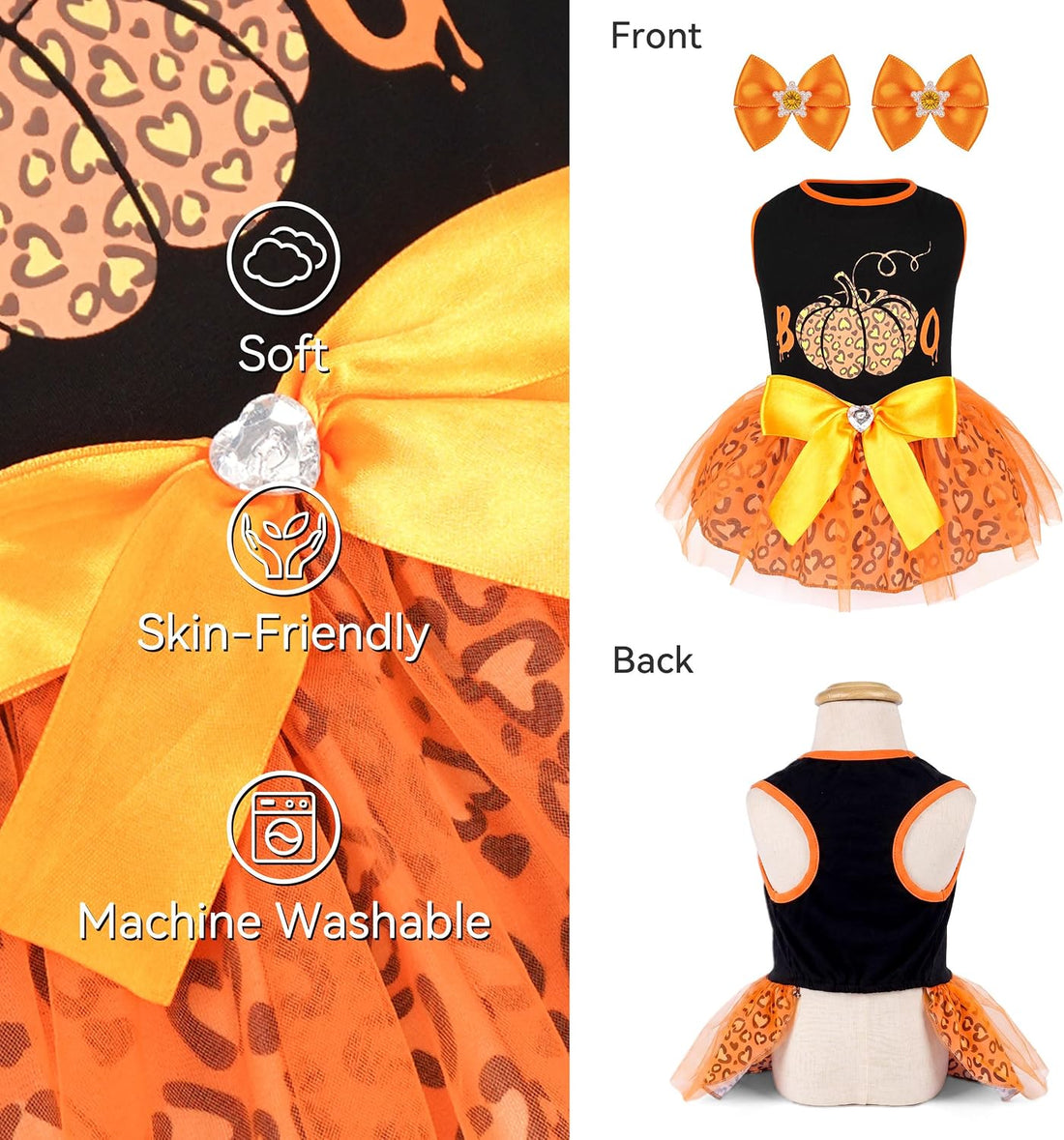 cyeollo Dog Halloween Dress, Pumpkin Print Tulle Outfit with Hair Bow