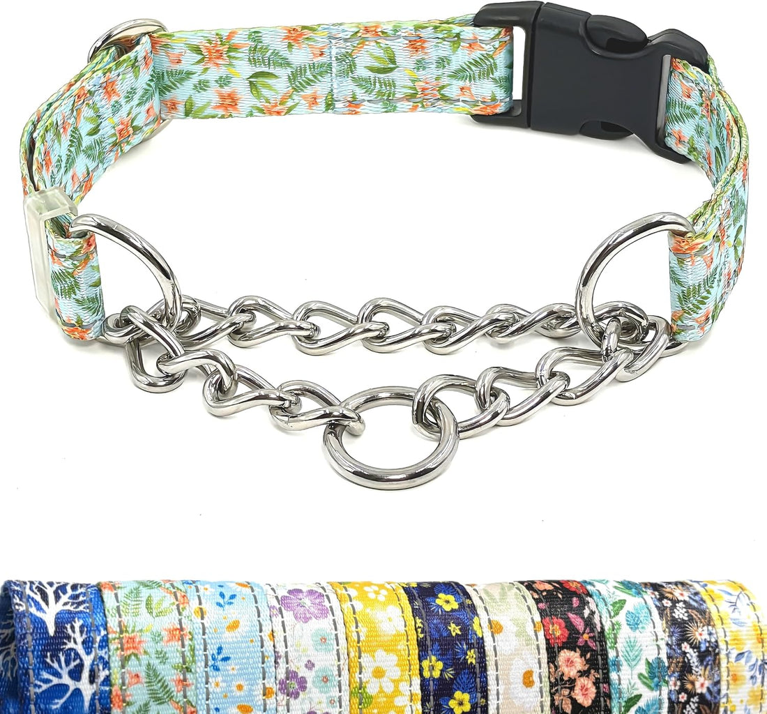 Martingale Dog Collar with Chain, Reflective Nylon Adjustable Collar