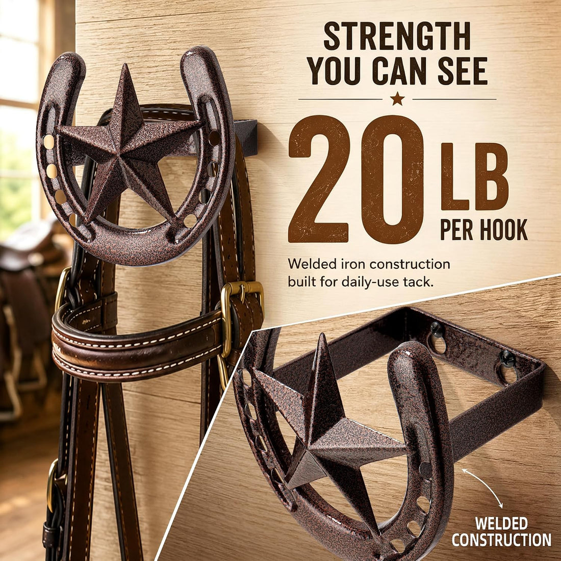 Horseshoe Bridle Hooks, 2 Pack Cast Iron Tack Hooks for Bridles