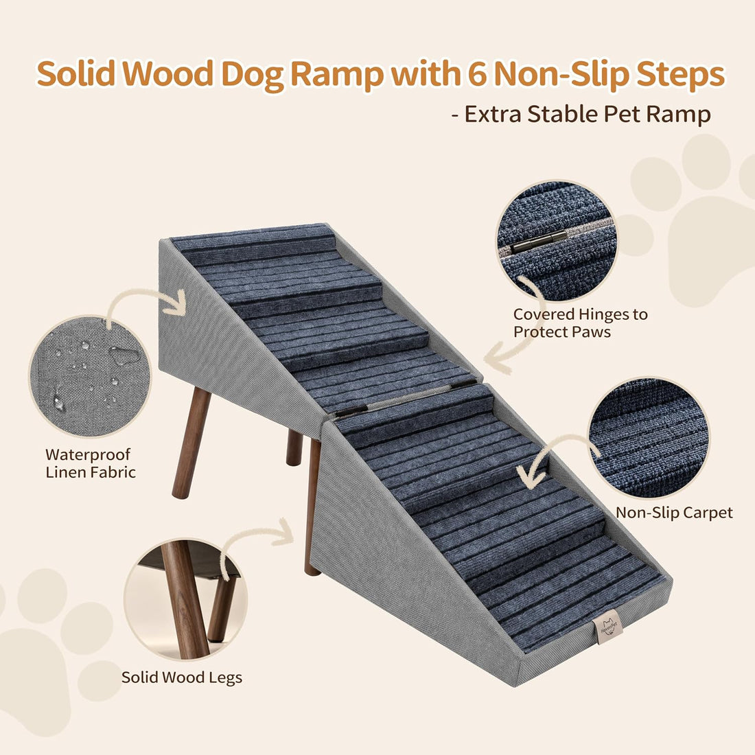 Wood Foldable Ottoman Dog Stairs, for High Beds & Large Dogs