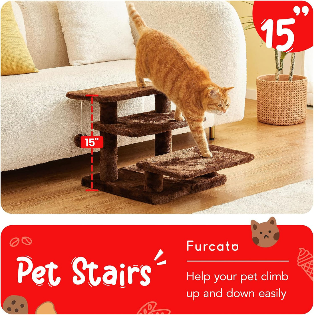 Furcato 15''H Multi-Step Pet Stairs for High Beds & Sofas