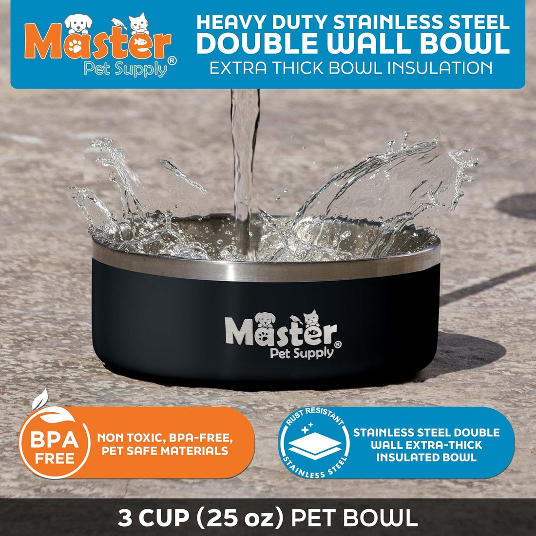 Master Pet Supply Stainless Steel Dog Bowls - 25 oz, Heavy Duty