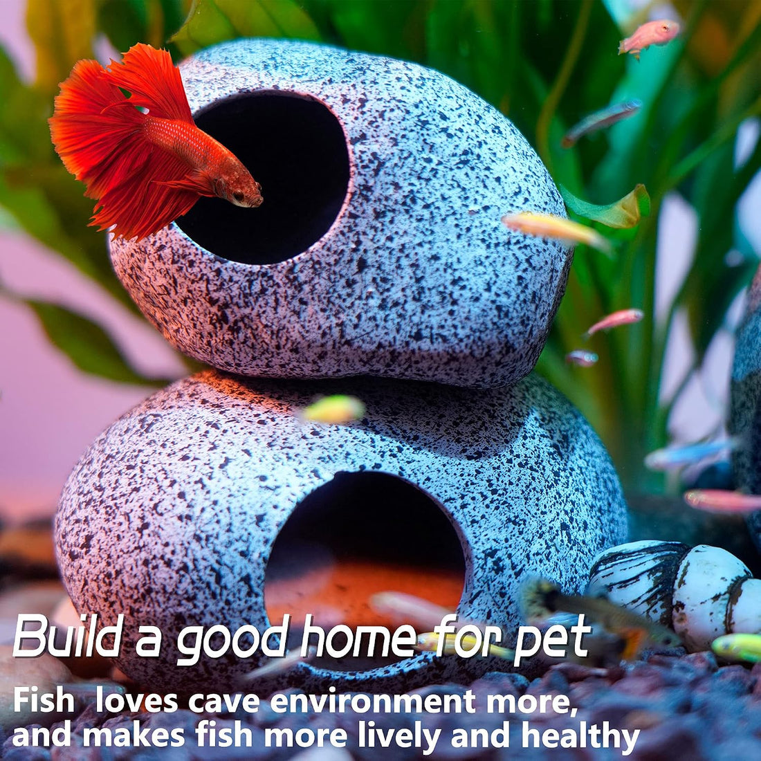 Ameliade Betta Fish Tank Rock Cave Decor Aquarium Accessories, Medium