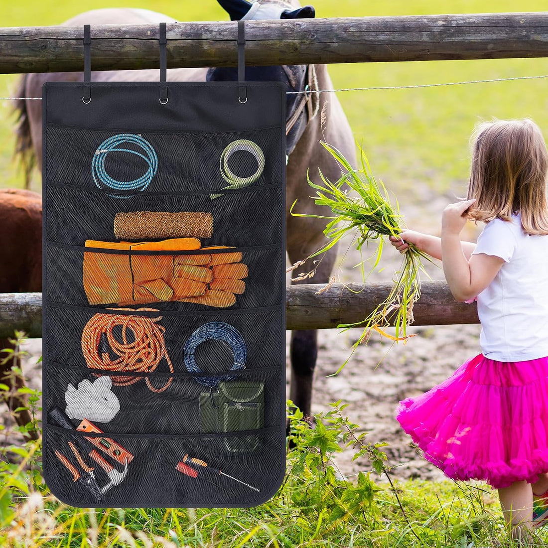 Horse Trailer Door Organizer Hanging Rope Caddy, Black, 42"x24"