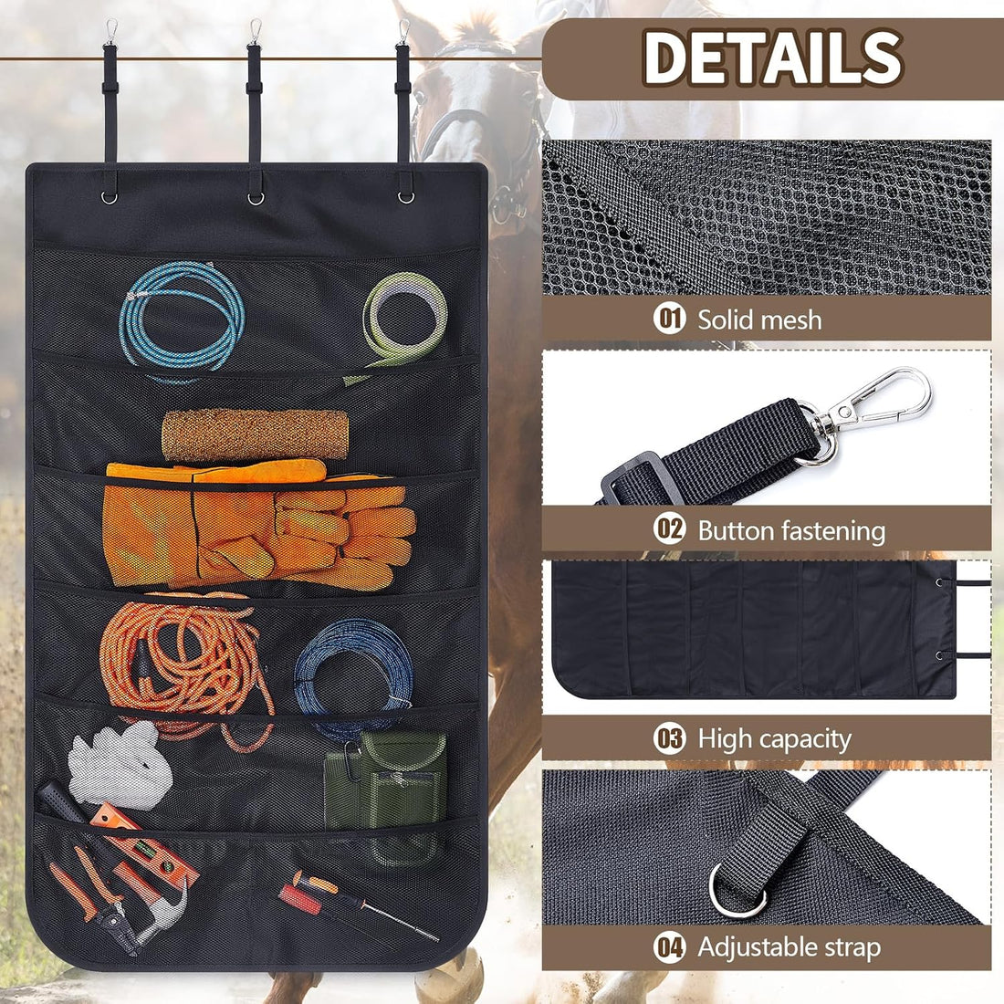 Horse Trailer Door Organizer Hanging Rope Caddy, Black, 42"x24"